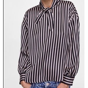 NWT Zara Striped Mock Neck Tie Button Blouse SZ-M